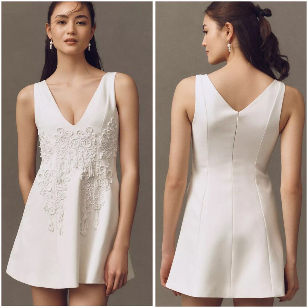 Cynthia Rowley Paloma White Beaded Floral Mini Dress Bridal Wedding - Picture 2 of 7